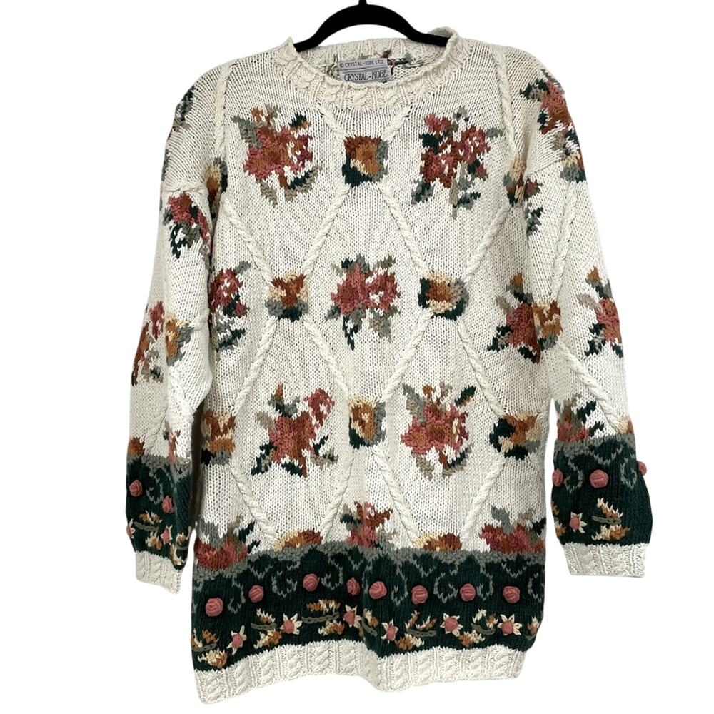 Vintage Krystal Cove Cream Floral Embroidery Grandma Core Womenโs Sweater SP